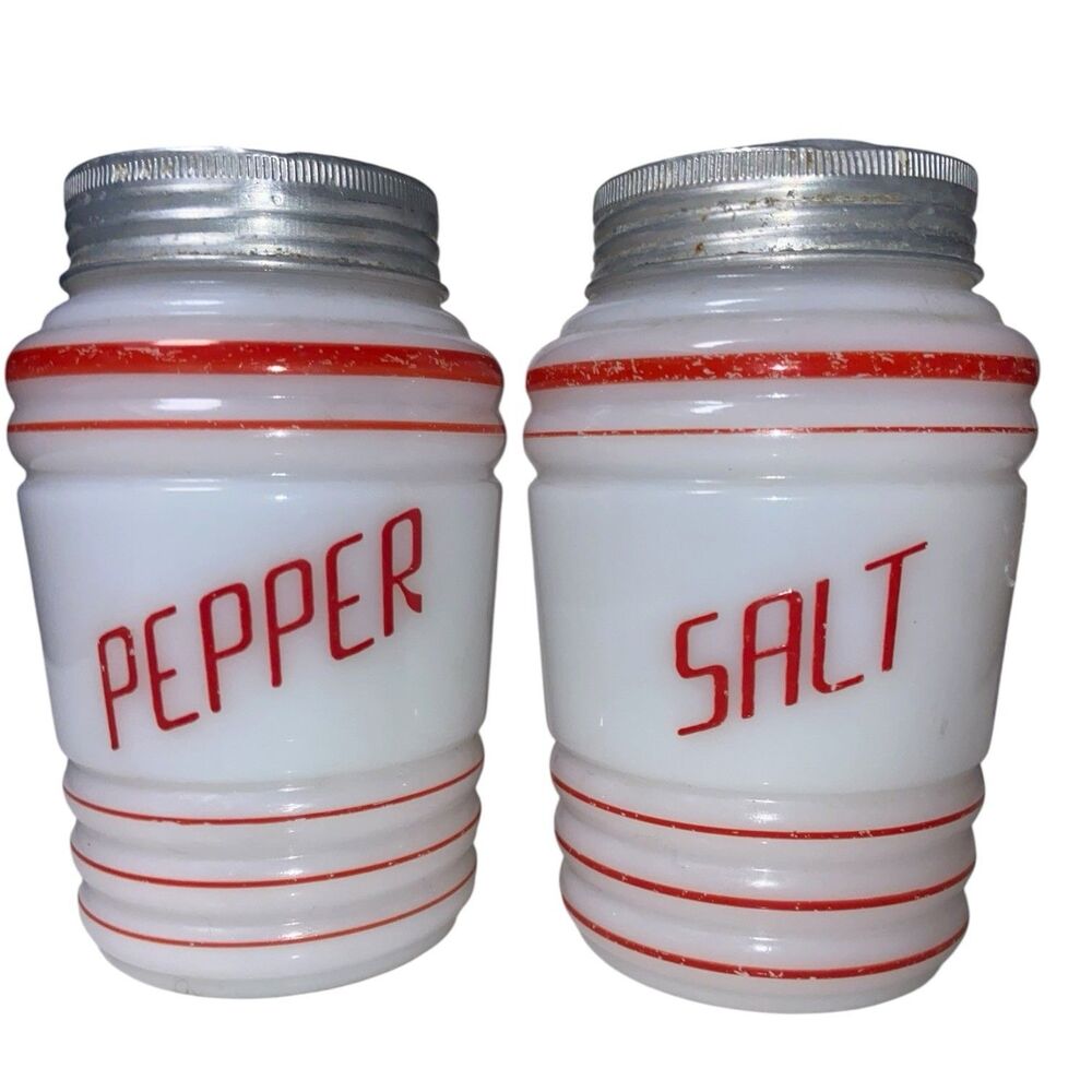 1950’s Hazel Atlas Vintage Barrel Milk Glass Red Stripes Salt Pepper Shakers